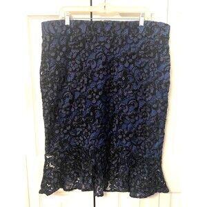 LANE BRYANT Blue Floral Lace Embroidered Pencil Frill Skirt RAYON Trumpet Sz 20